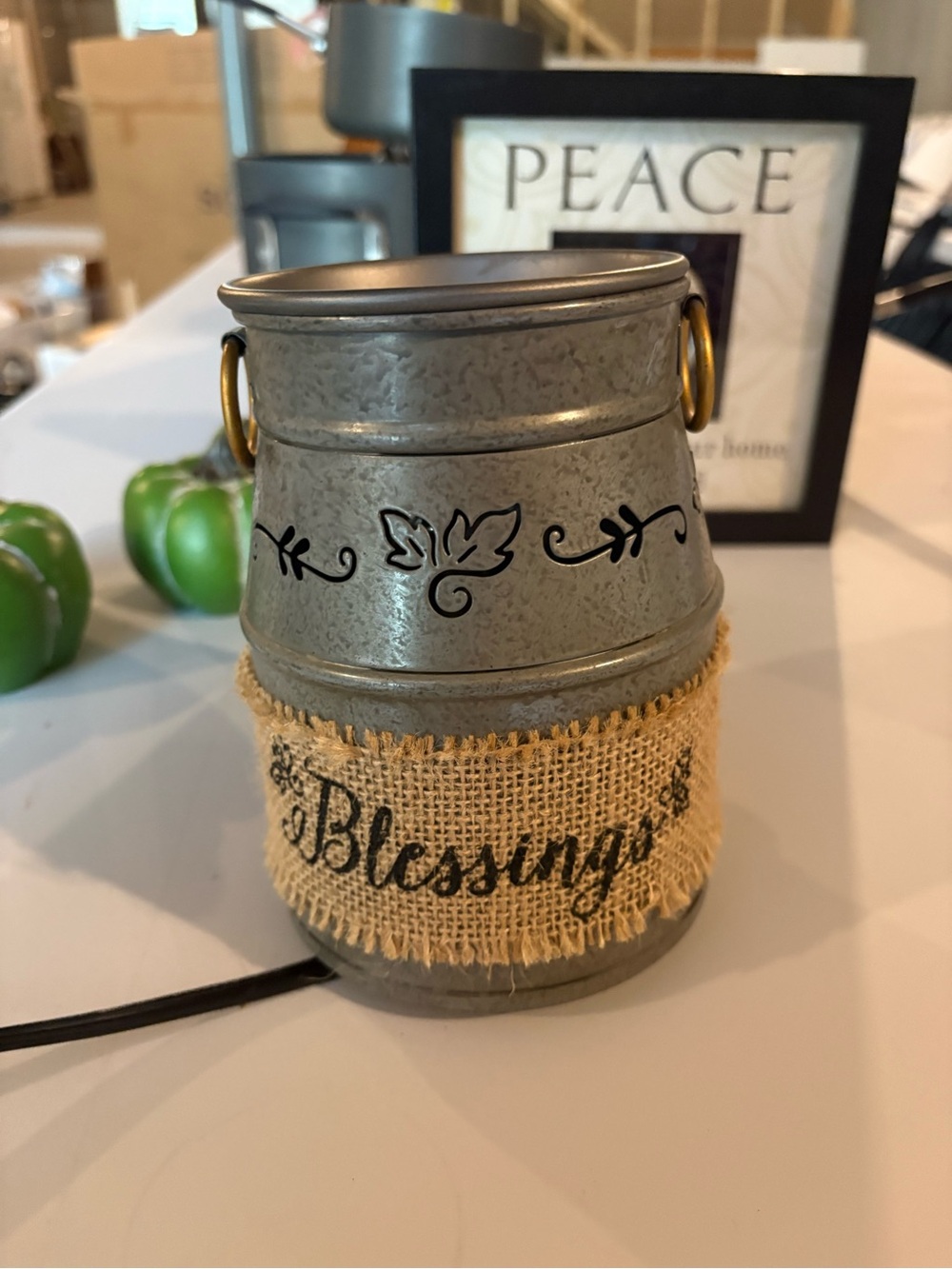 Burlap "Blessings" Decorative Metal Vase - Rustic Gray Wax Warmer